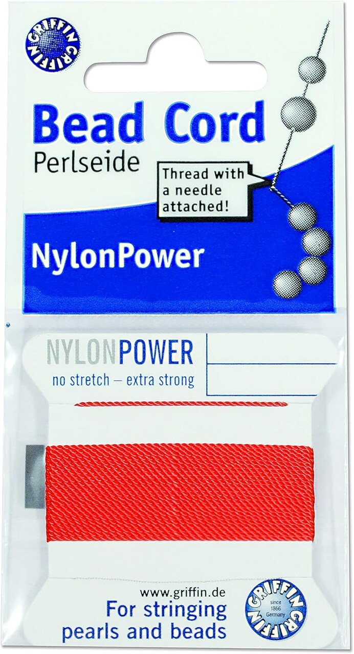 Griffin Nylon Bead Cord Perlseide – Size 16 (1.05mm) – 2 Meters per Card – Stainless Steel Needle Attached – for Knotting Pearls, Gemstones, Crystals and Beads